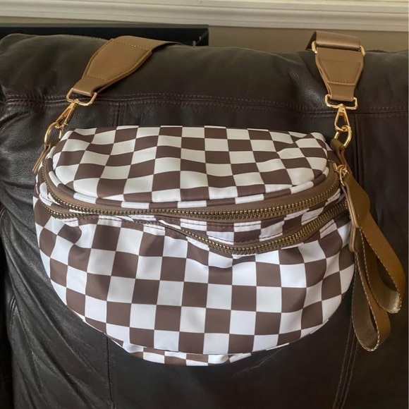 Brown and White Checkered Women's Bag - Picture 1 of 3